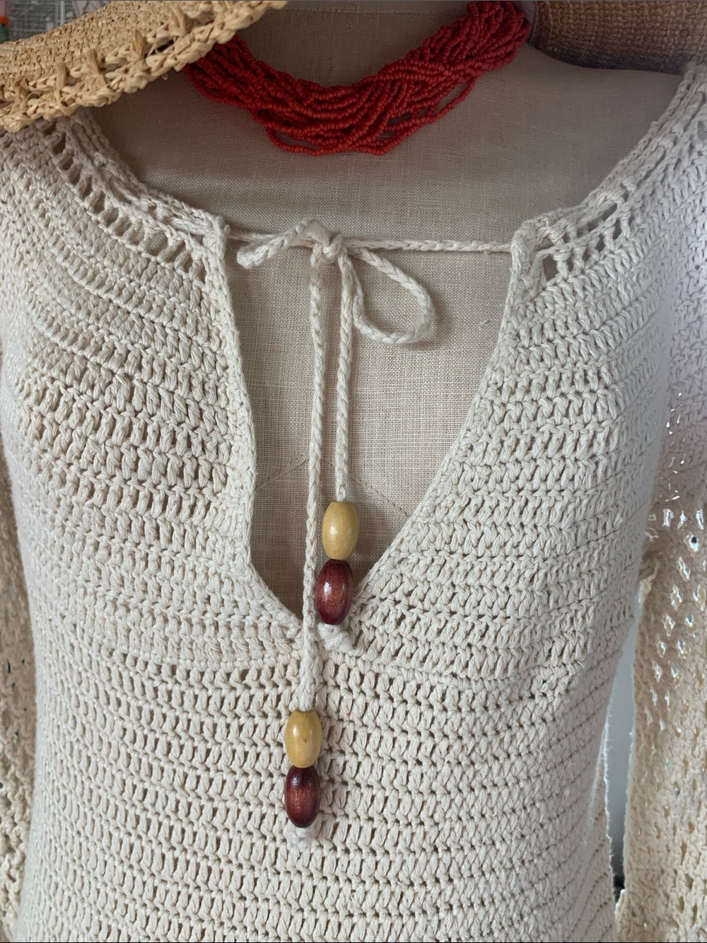 Vtg Nicole Miller Collection Linen/Cotton cream crochet beach coverup/dress SzL - Picture 3 of 9